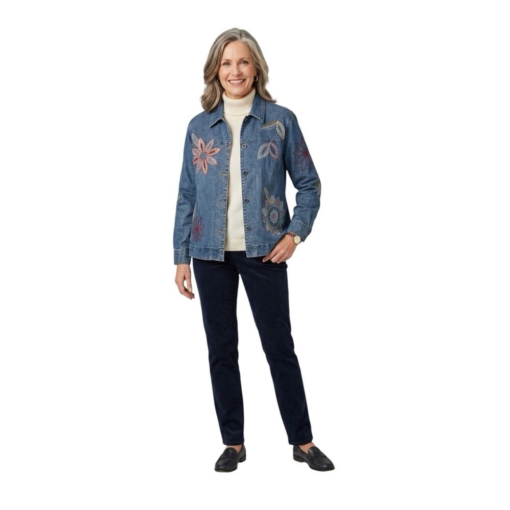Vintage Alfred Dunner Embroidered Floral Denim Jacket Boho Y2K 12P Petite
